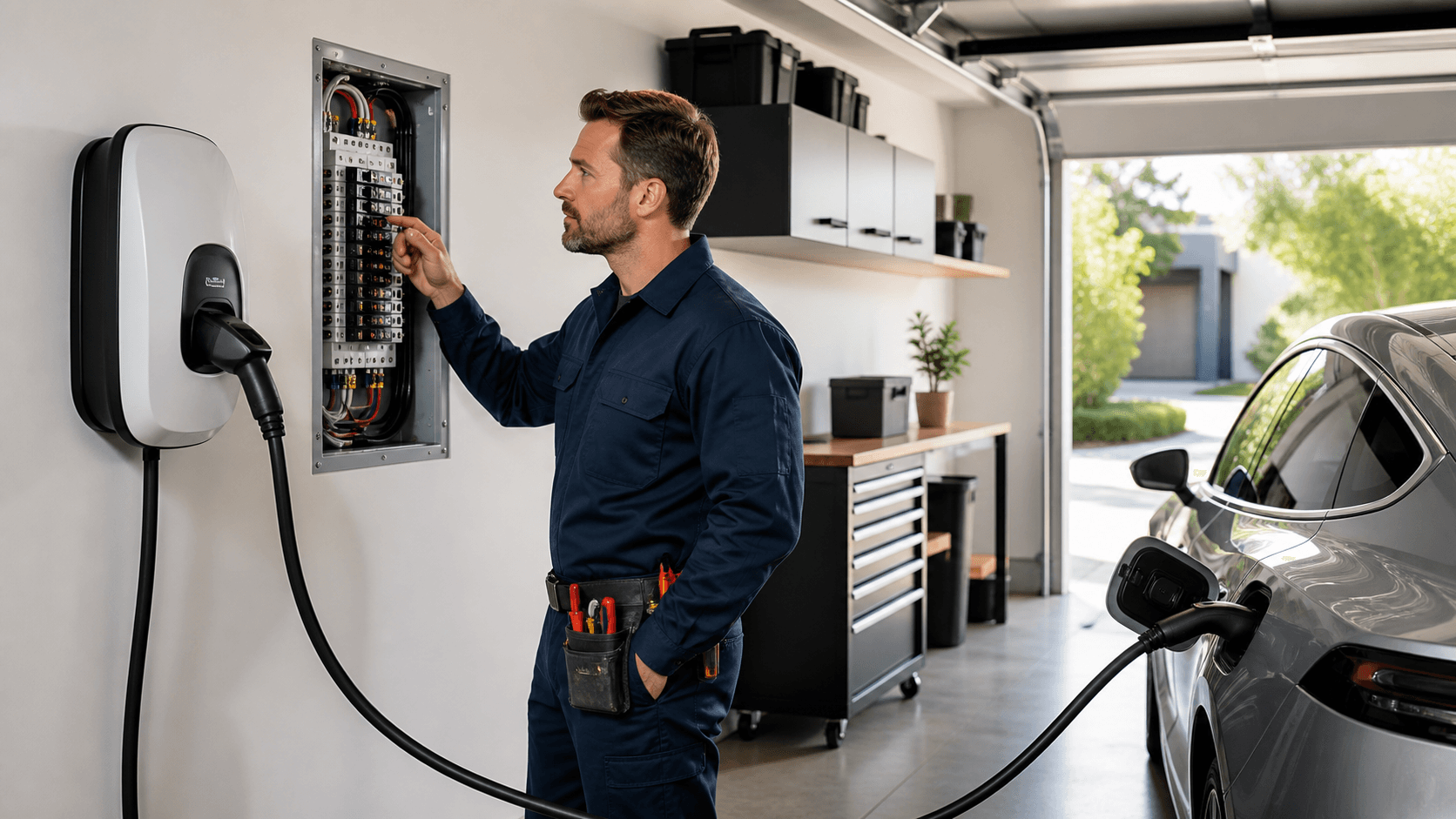 Electric vehicle charging in a modern garage beside a wall-mounted electrical panel and glowing blue charger.