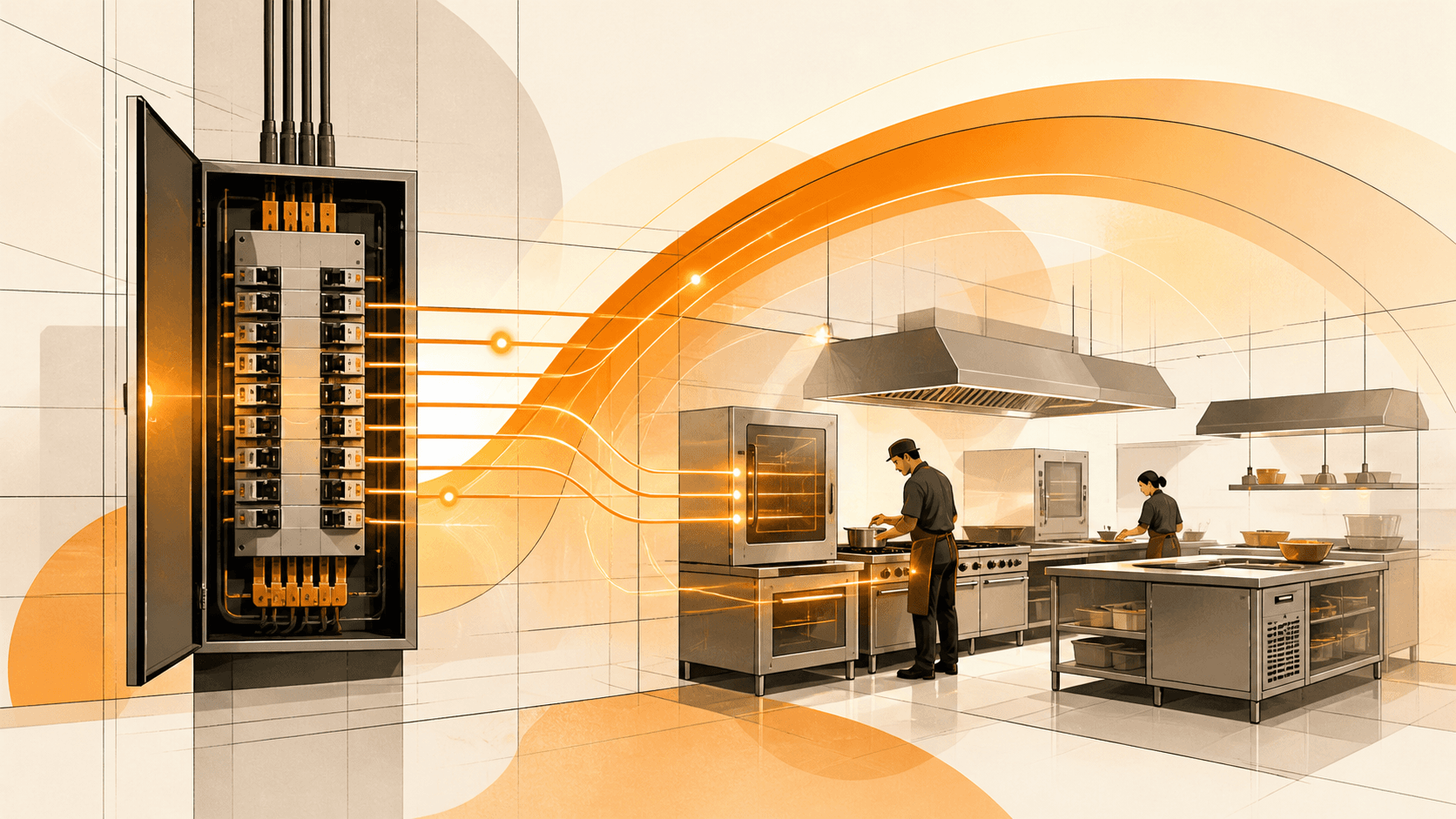 Modern commercial kitchen with stainless steel appliances, blue electrical plans, and warm overhead lighting.