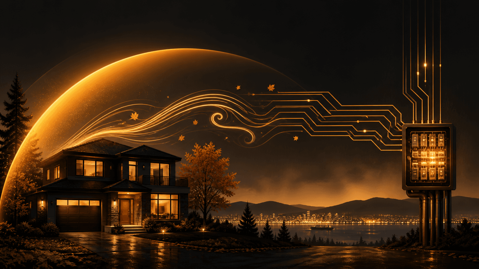 Cozy suburban house at dusk with lit windows, storm clouds, wind-blown trees, and a portable generator outside