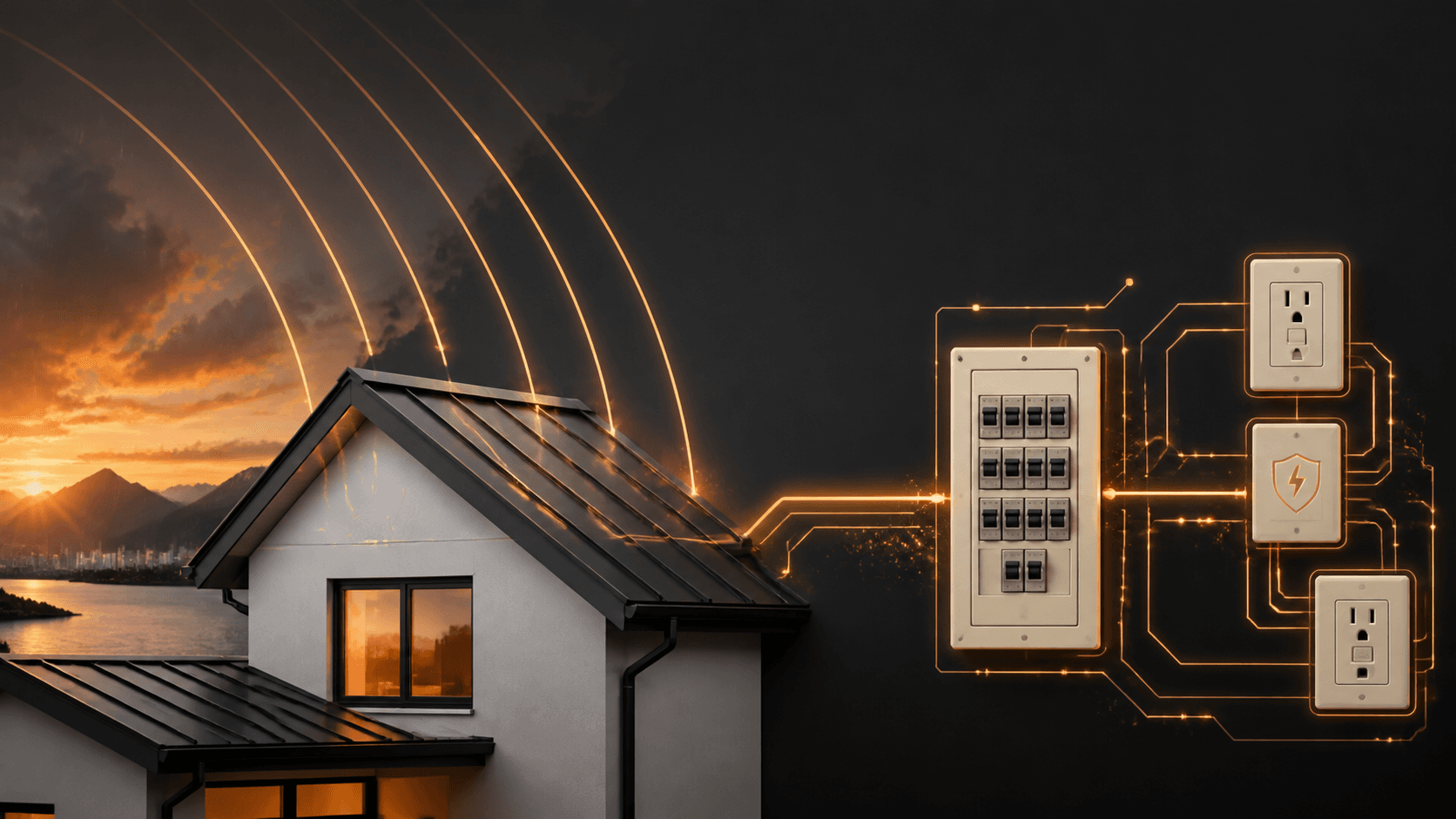 Rain-soaked Vancouver house exterior with glowing porch light, electrical panel, and dark storm clouds.