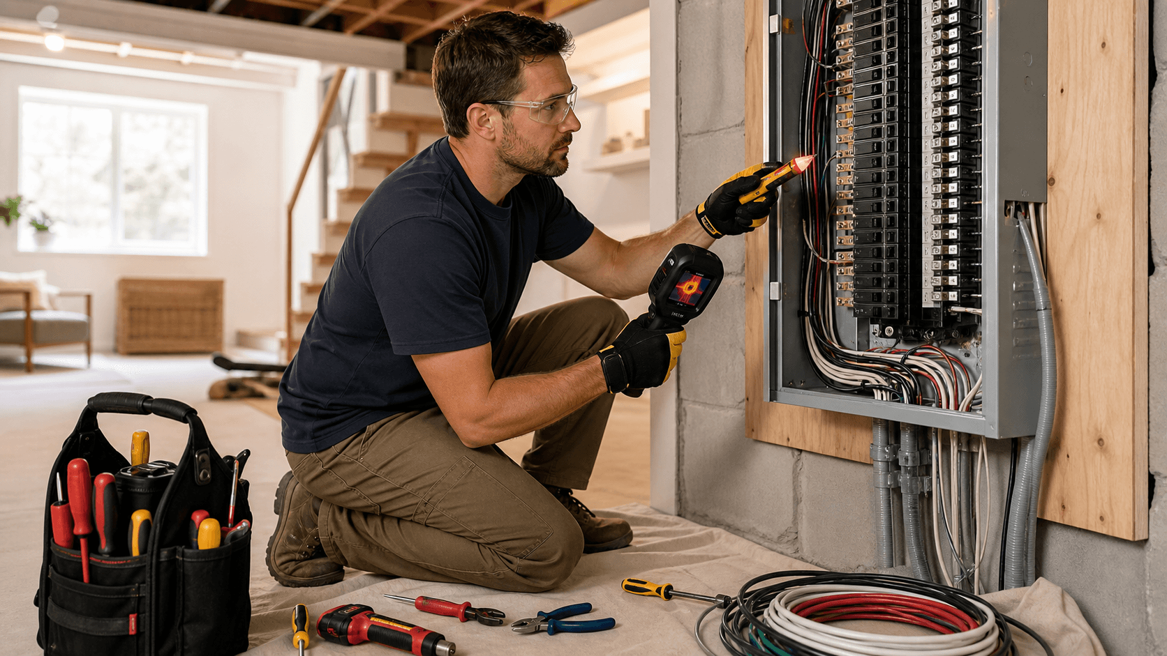 Gloved hands inspect a sparking electrical panel in a dim basement, blue-orange light reflecting on wires.