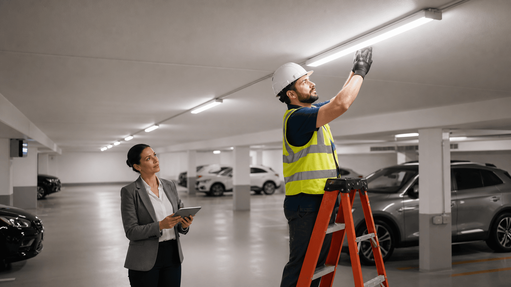 Rows of bright LED ceiling lights illuminating an underground parkade with concrete pillars and parked cars