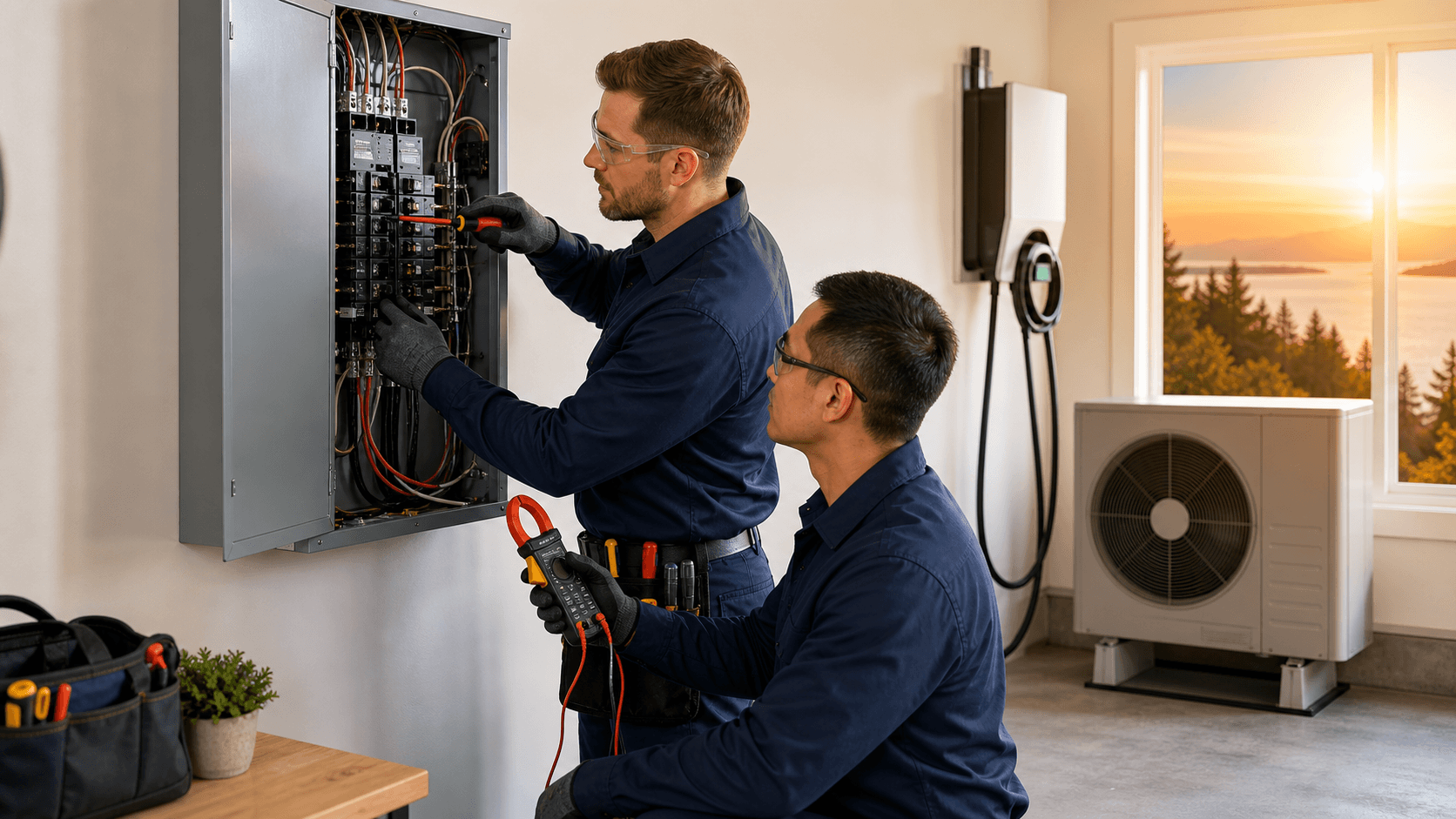 Electrician inspecting an open electrical panel with colorful breakers, bright indoor lighting and tools nearby.