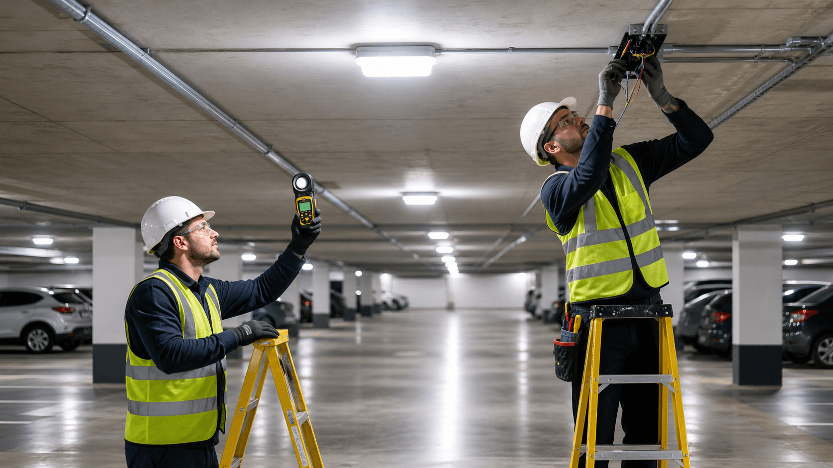Underground parking garage with bright LED ceiling lights, concrete pillars, and empty parking spaces in perspective.