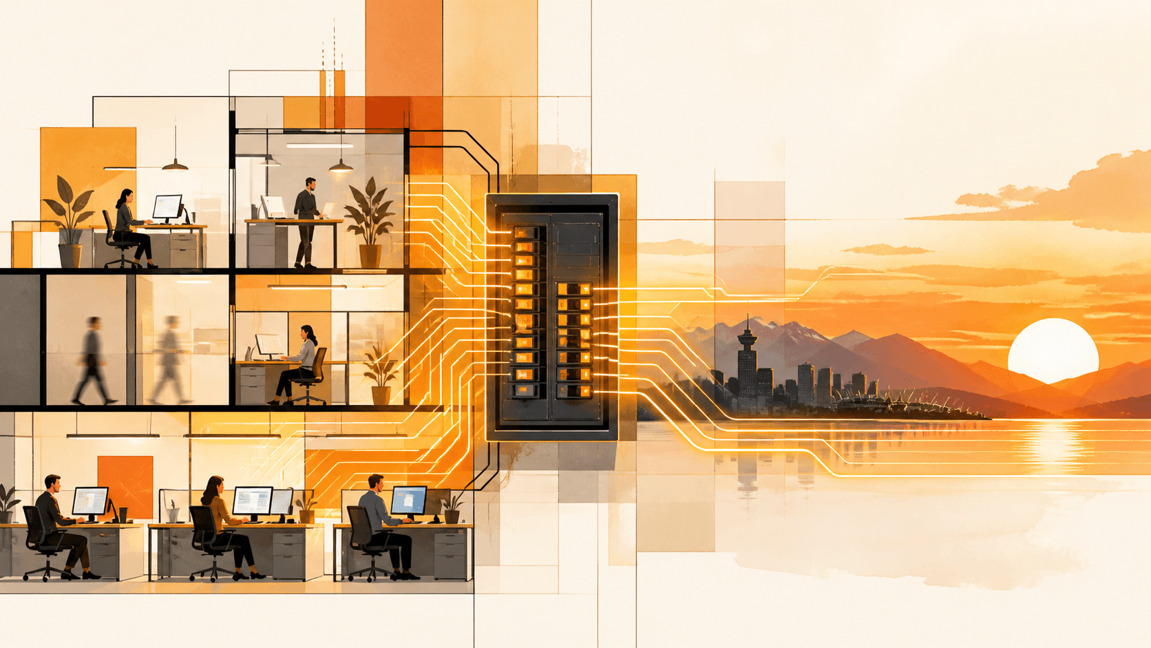 Modern office interior with exposed wiring plans, blueprints, and bright windows overlooking Vancouver.