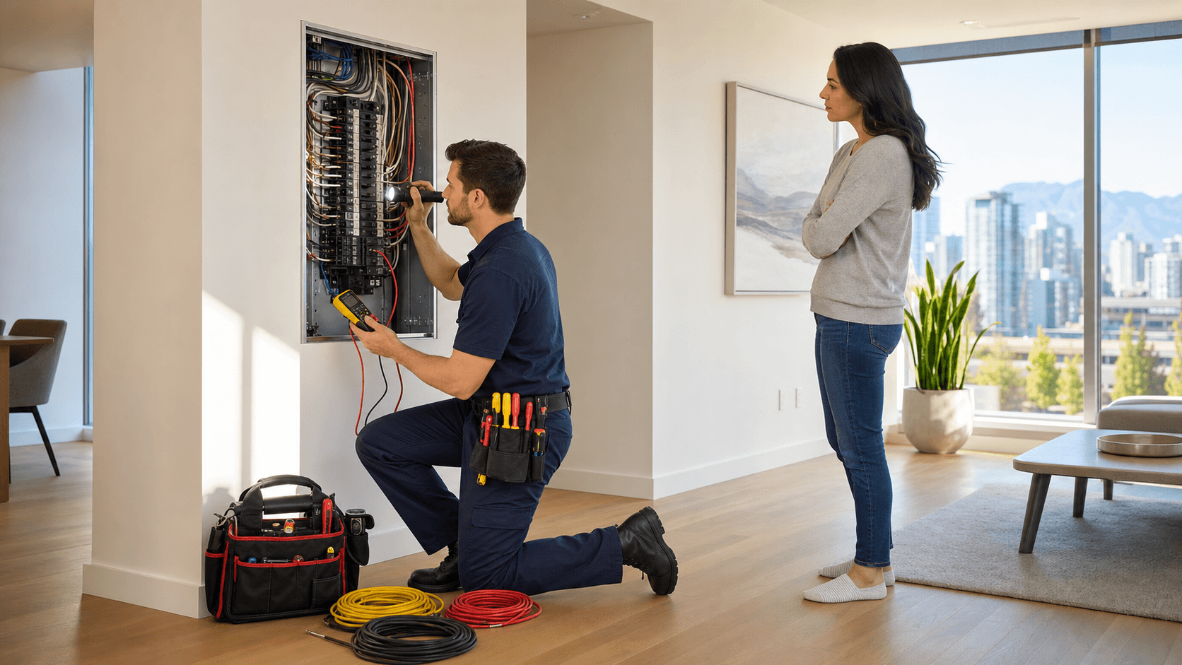 Electrician in hard hat using a multimeter on a wall panel, warm indoor lighting with city skyline through window.